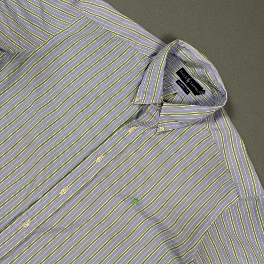 Ralph Lauren Classic Fit Striped Short Sleeve Button Down Shirt Blue Green XL